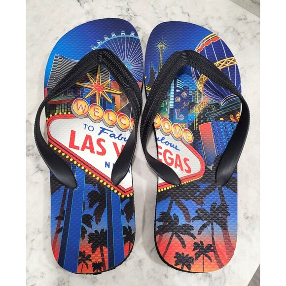 Womens Las Vegas-Themed Flip Flops with Colorful Cityscape Print Size 6/7 - Picture 1 of 5